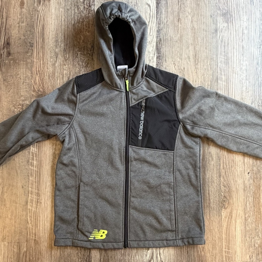 New Balance Youth Large Hooded Jacket Coat Gray Lime Green Black